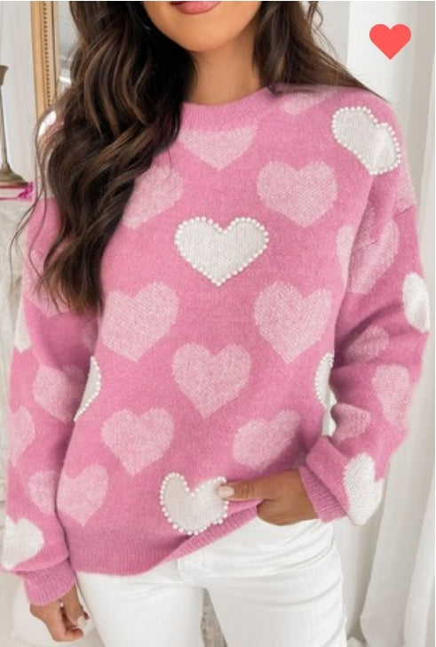 Pearled Heart Print Valentines Crew Neck Sweater