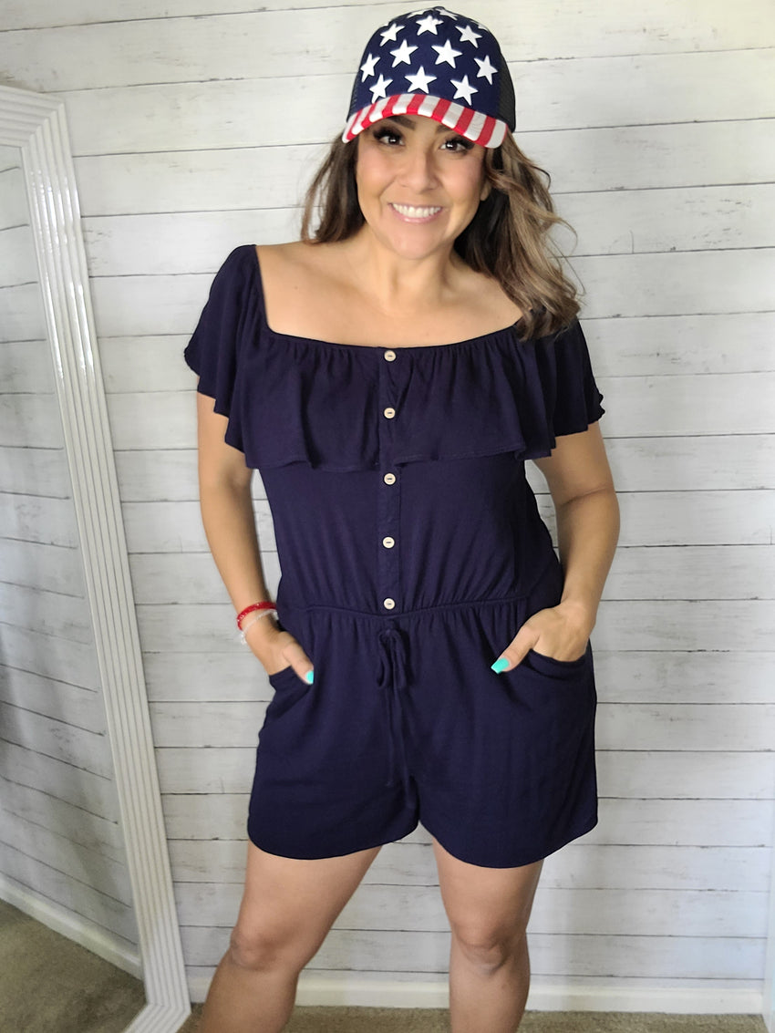 Navy Ruffled Romper with pockets