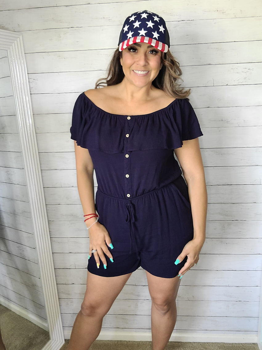Navy Ruffled Romper with pockets