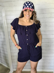Navy Ruffled Romper with pockets