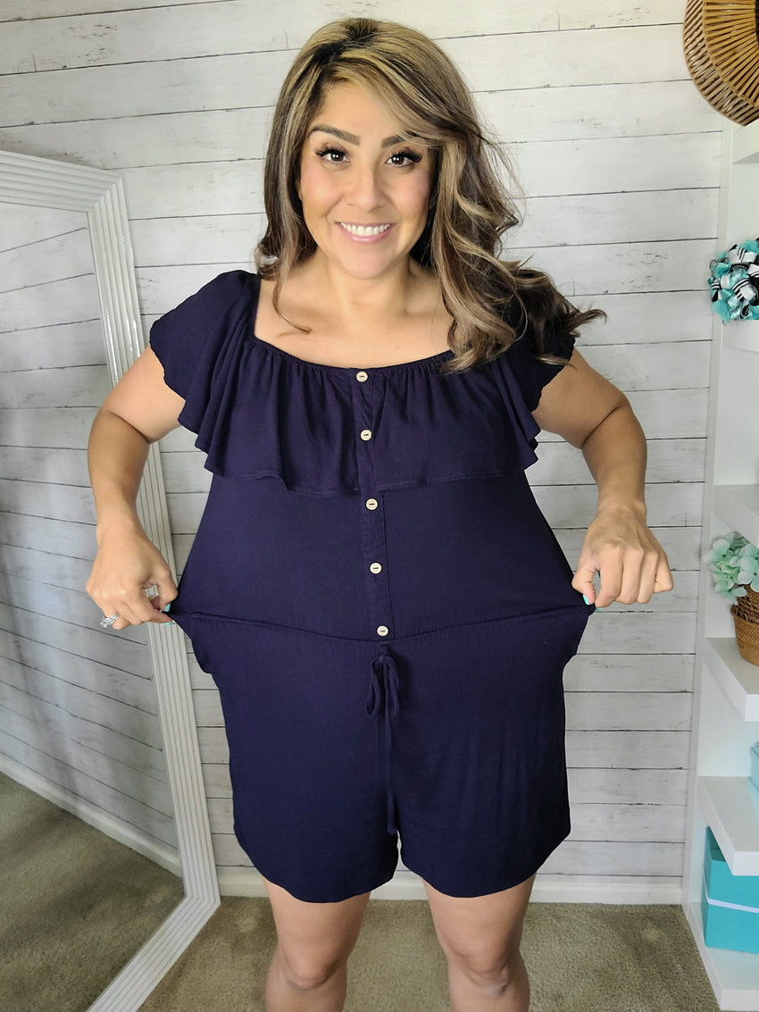 Navy Ruffled Romper with pockets