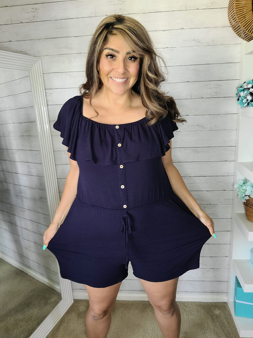 Navy Ruffled Romper with pockets