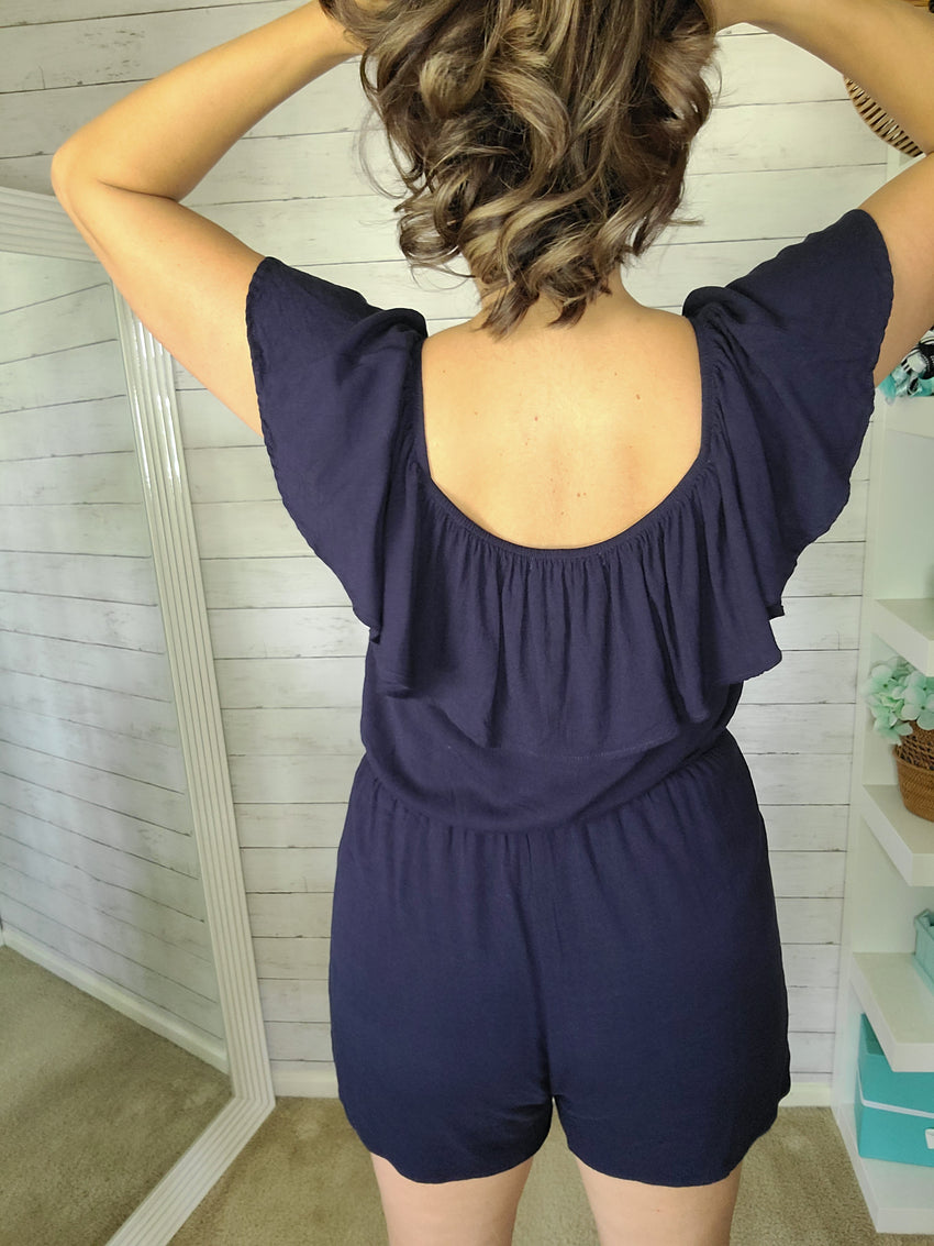 Navy Ruffled Romper with pockets