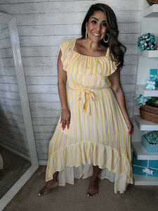 Yellow Stripe off the shoulder High Low