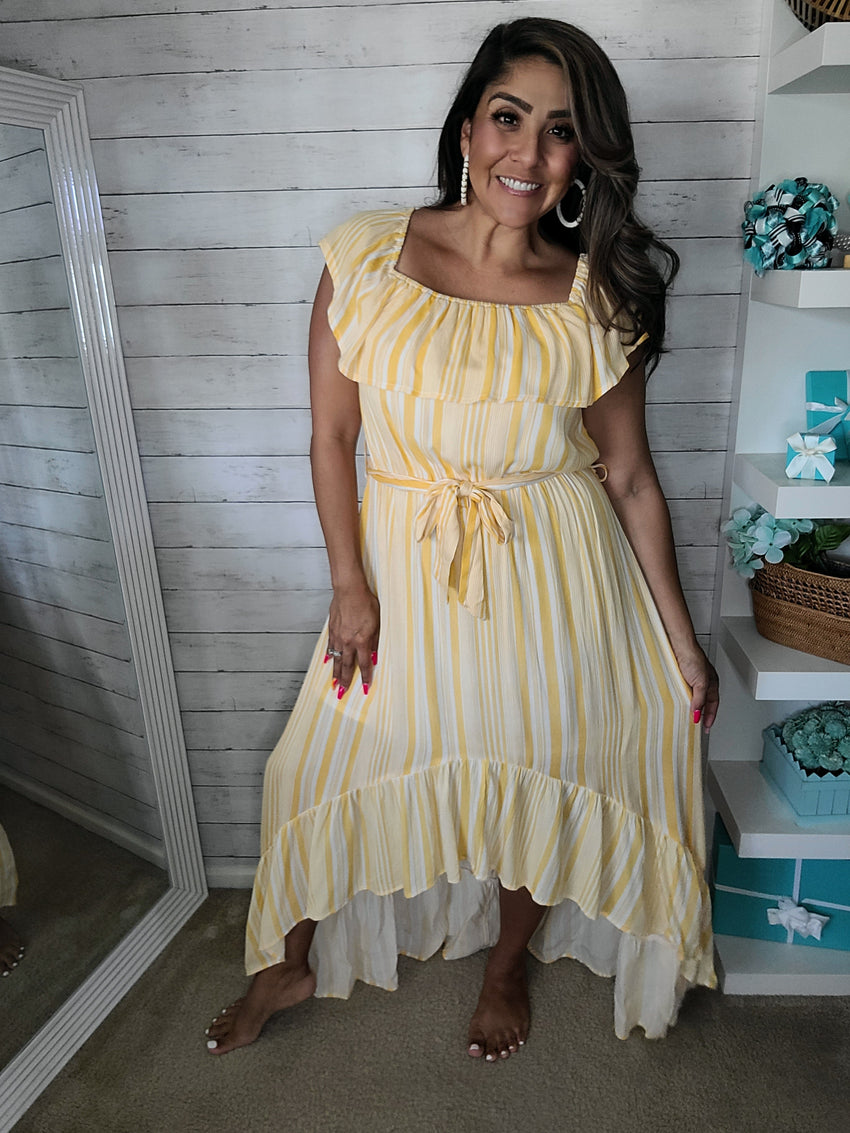 Yellow Stripe off the shoulder High Low