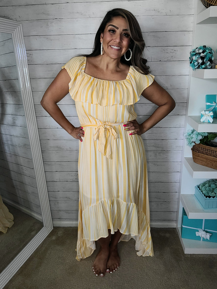 Yellow Stripe off the shoulder High Low