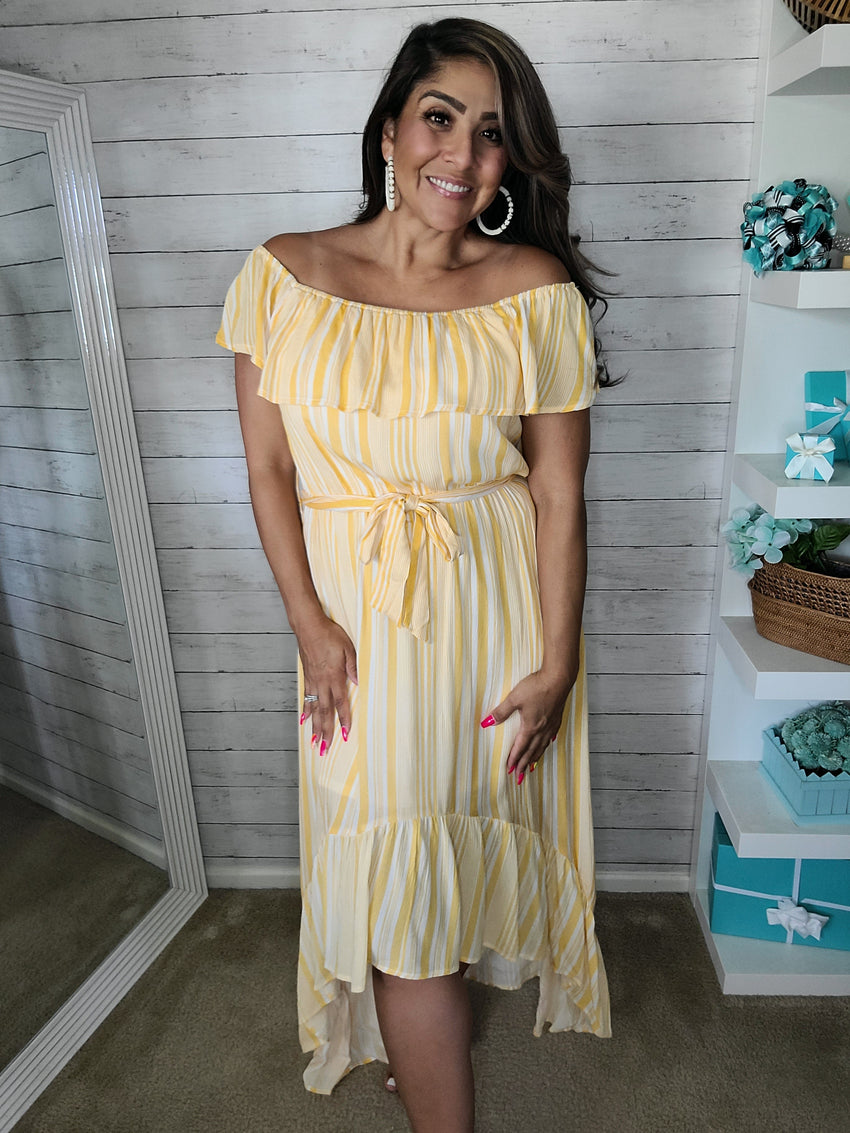 Yellow Stripe off the shoulder High Low