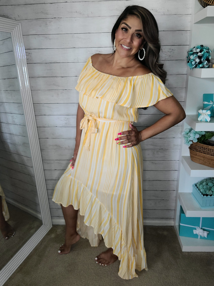Yellow Stripe off the shoulder High Low