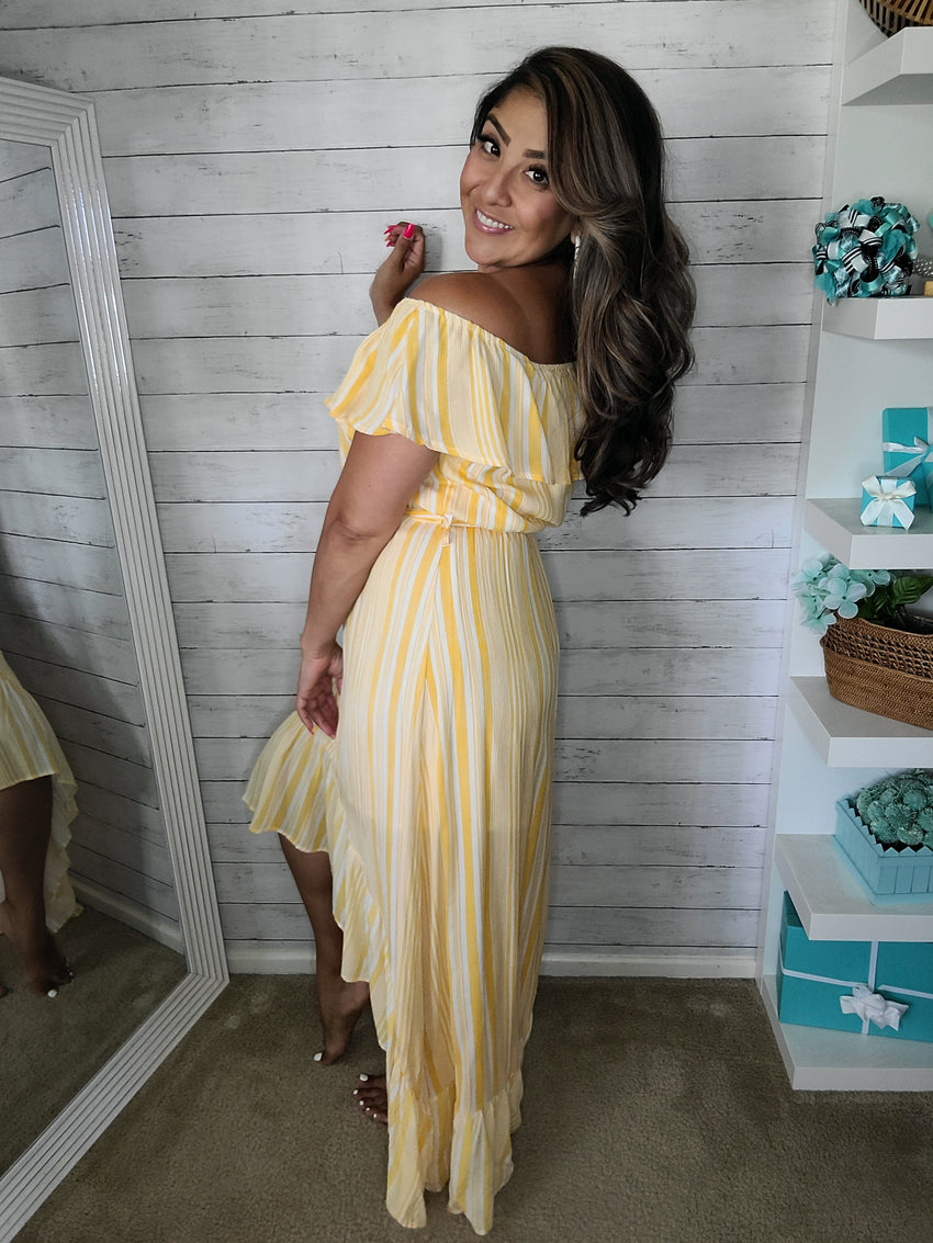 Yellow Stripe off the shoulder High Low