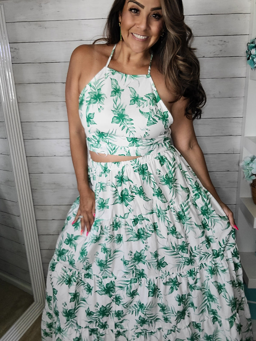 Tropical Leaf-Print Maxi Skirt & Crop Top Set