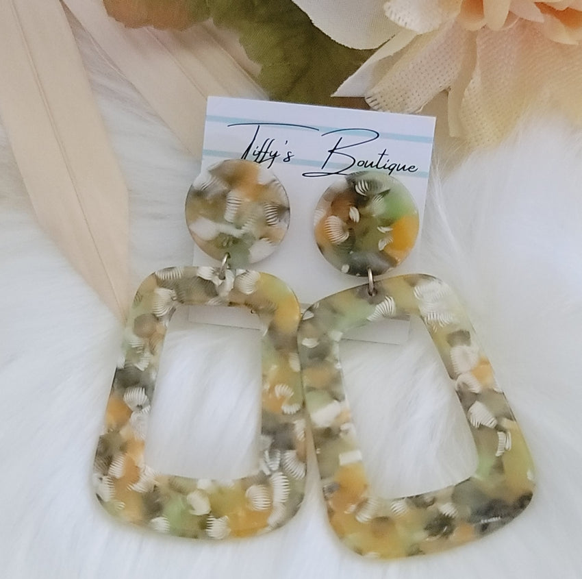 Acrylic Olive and Yellow Statement Earrings