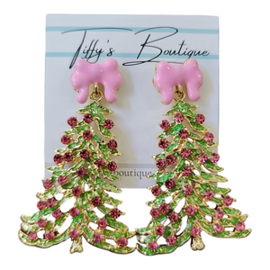 Christmas Tree with Pink Bow Earrings