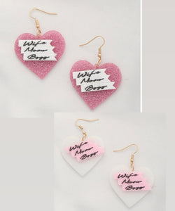 Wife Mom Boss Heart Dangle Earrings