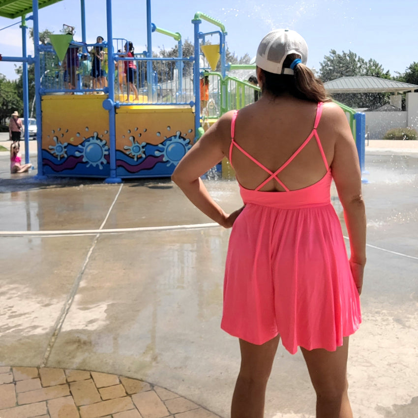Sporty Neon Pink Crisscross Backless V-Neck Romper