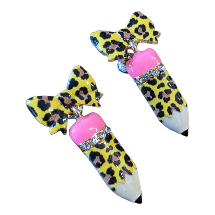 Cheetah Print on Yellow Pencil & Bow Dangle Earrings