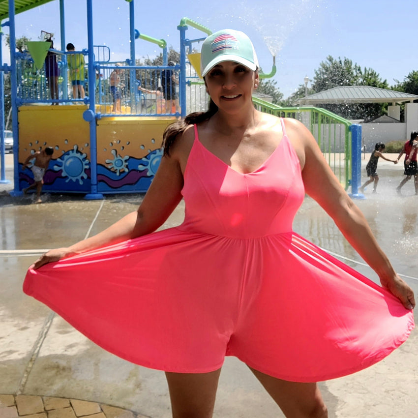 Sporty Neon Pink Crisscross Backless V-Neck Romper