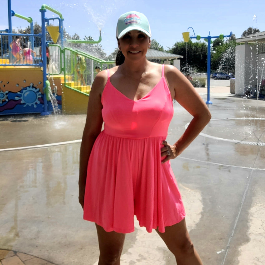 Sporty Neon Pink Crisscross Backless V-Neck Romper
