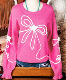 Corded Flower Bow Ribbed Trim Sweater
