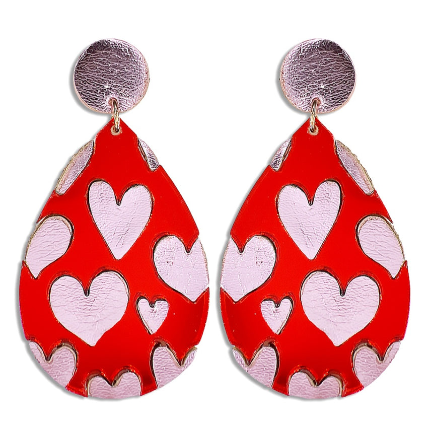 Tear Shape Hearts Pattern Two Tone Post Earrings