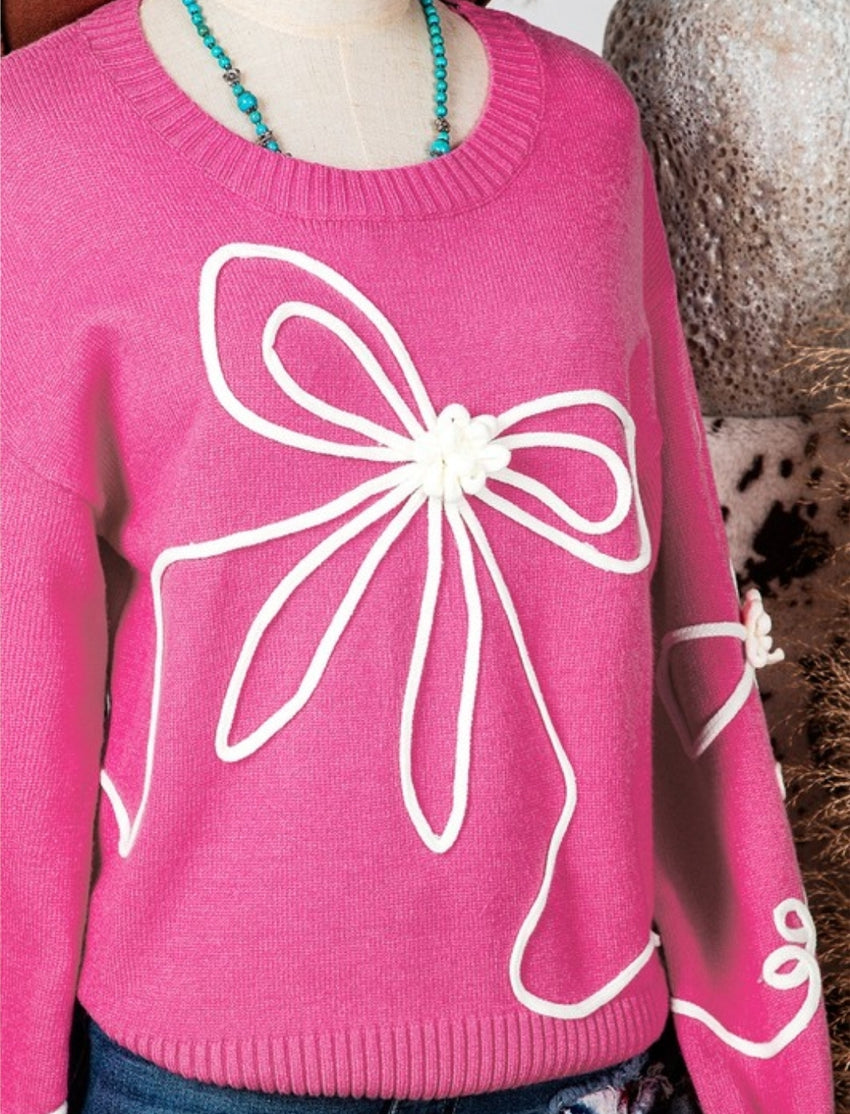 Corded Flower Bow Ribbed Trim Sweater
