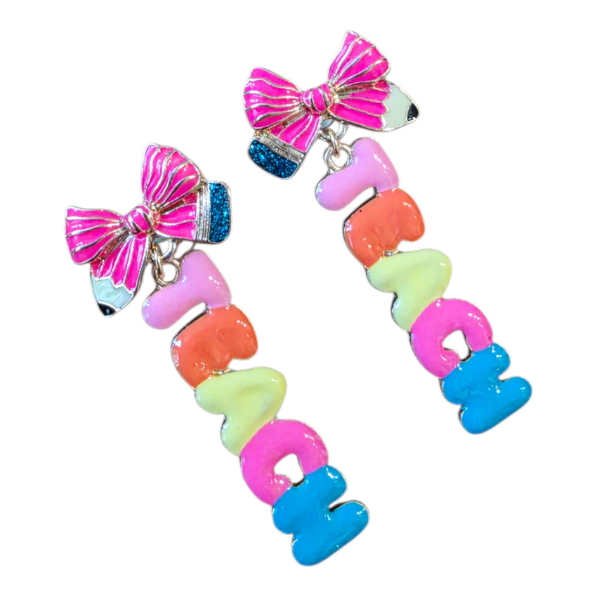 Pink Pencil Bow with Colorful Teach Dangle Earrings