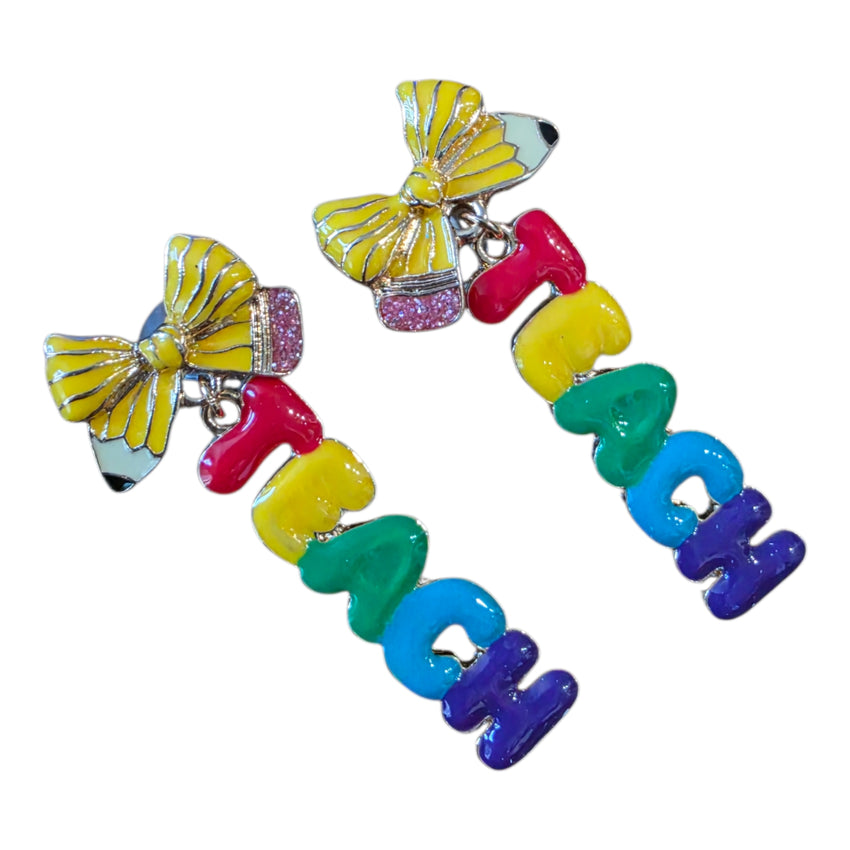 Yellow Pencil Bow with Colorful Teach Dangle Earrings