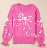 Corded Flower Bow Ribbed Trim Sweater