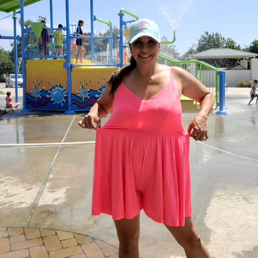 Sporty Neon Pink Crisscross Backless V-Neck Romper