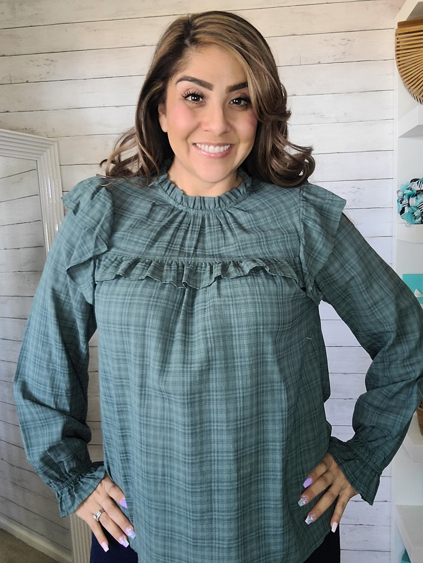 Dark Sage Ruffled Bib Top