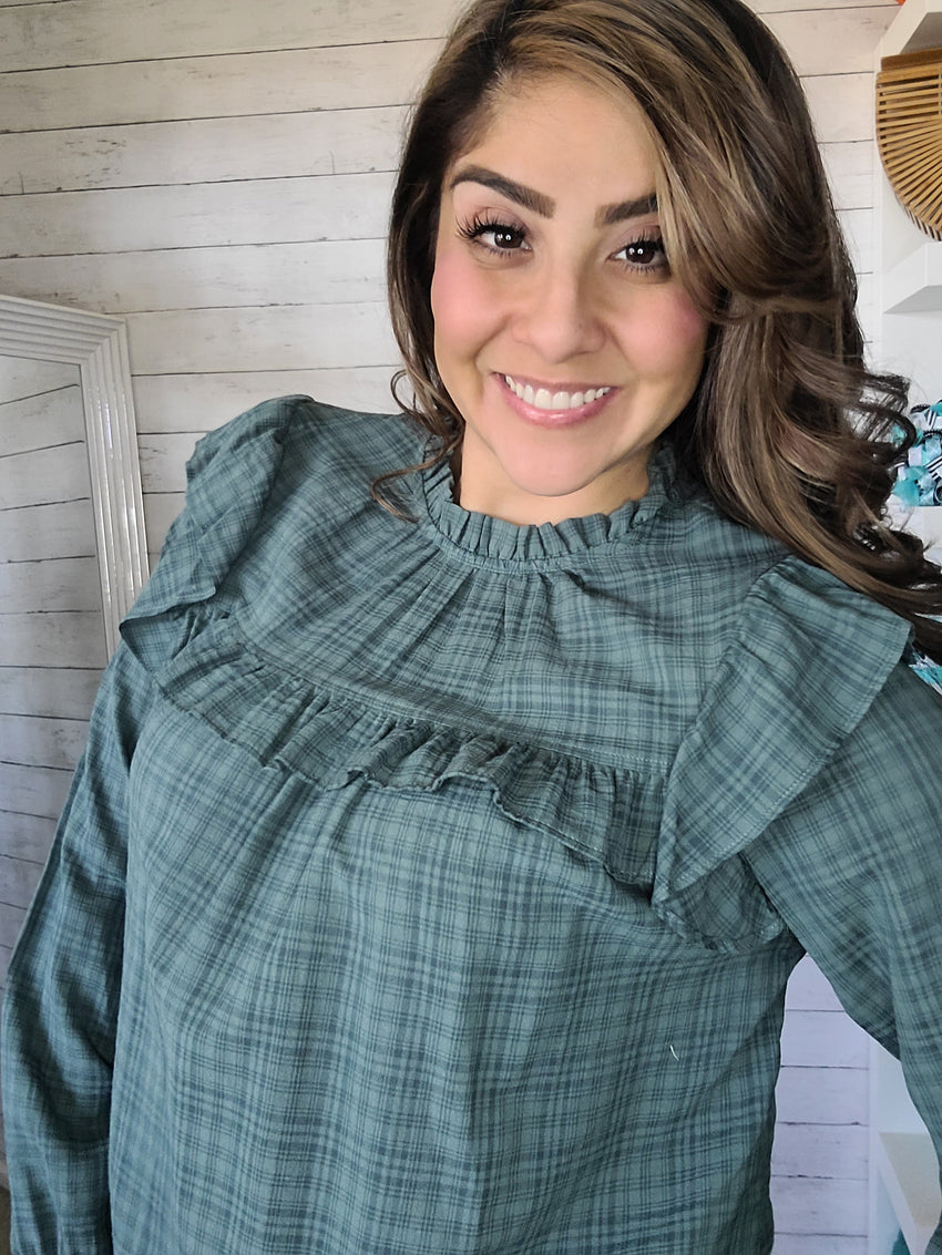 Dark Sage Ruffled Bib Top