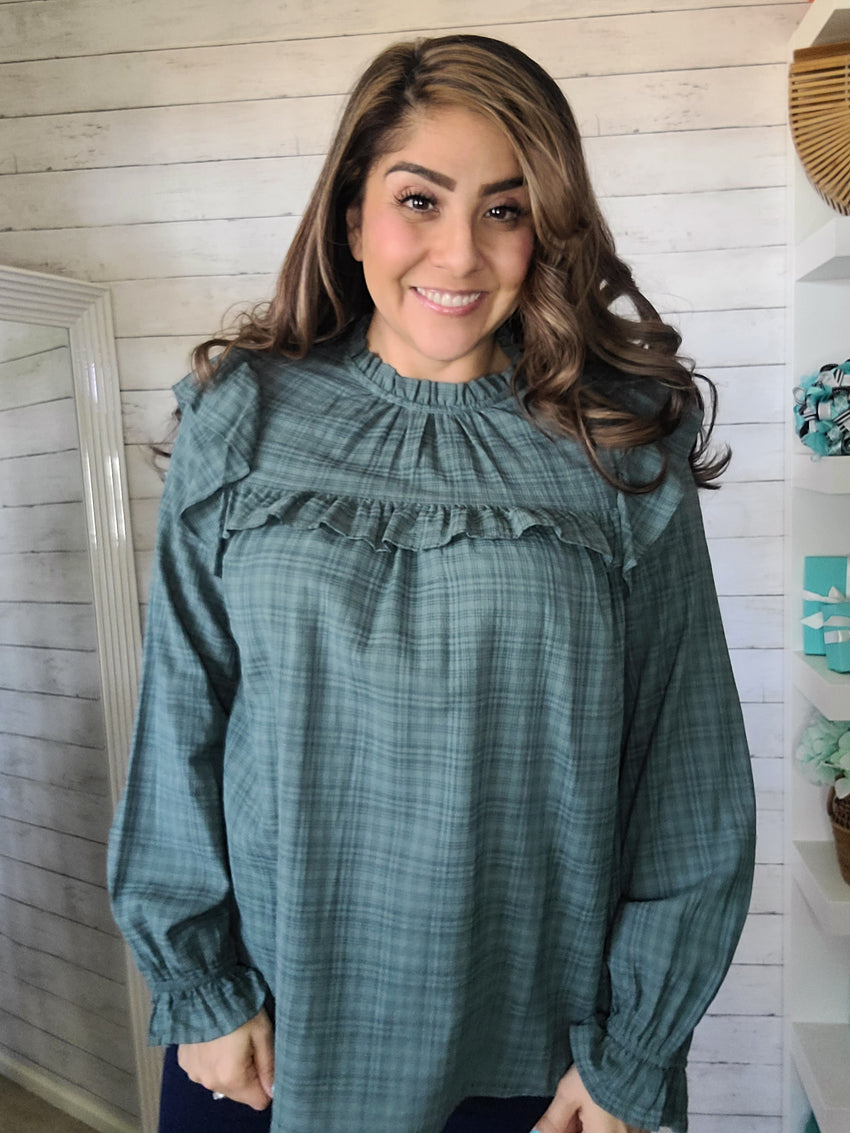 Dark Sage Ruffled Bib Top