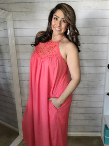 Coral Swiss Dot Midi Dress
