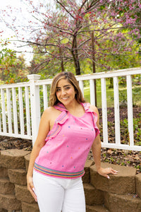 Colors of the Rainbow Embroidered Halter Top in Pink